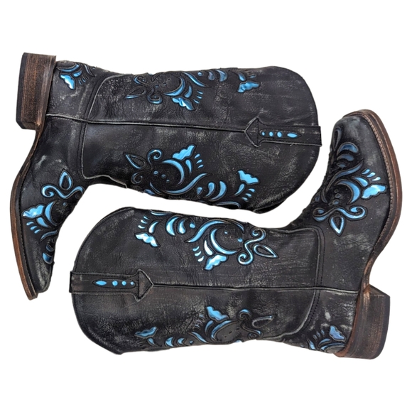 Roper Leather Cutout Western Boots Womens 7 Cowboy Distress Black Blue Metallic - Picture 4 of 13